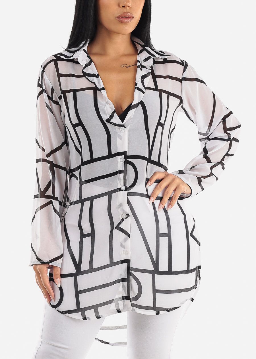 See Through Button Up Printed Tunic Shirt White sold by Moda product image thumbnail 5