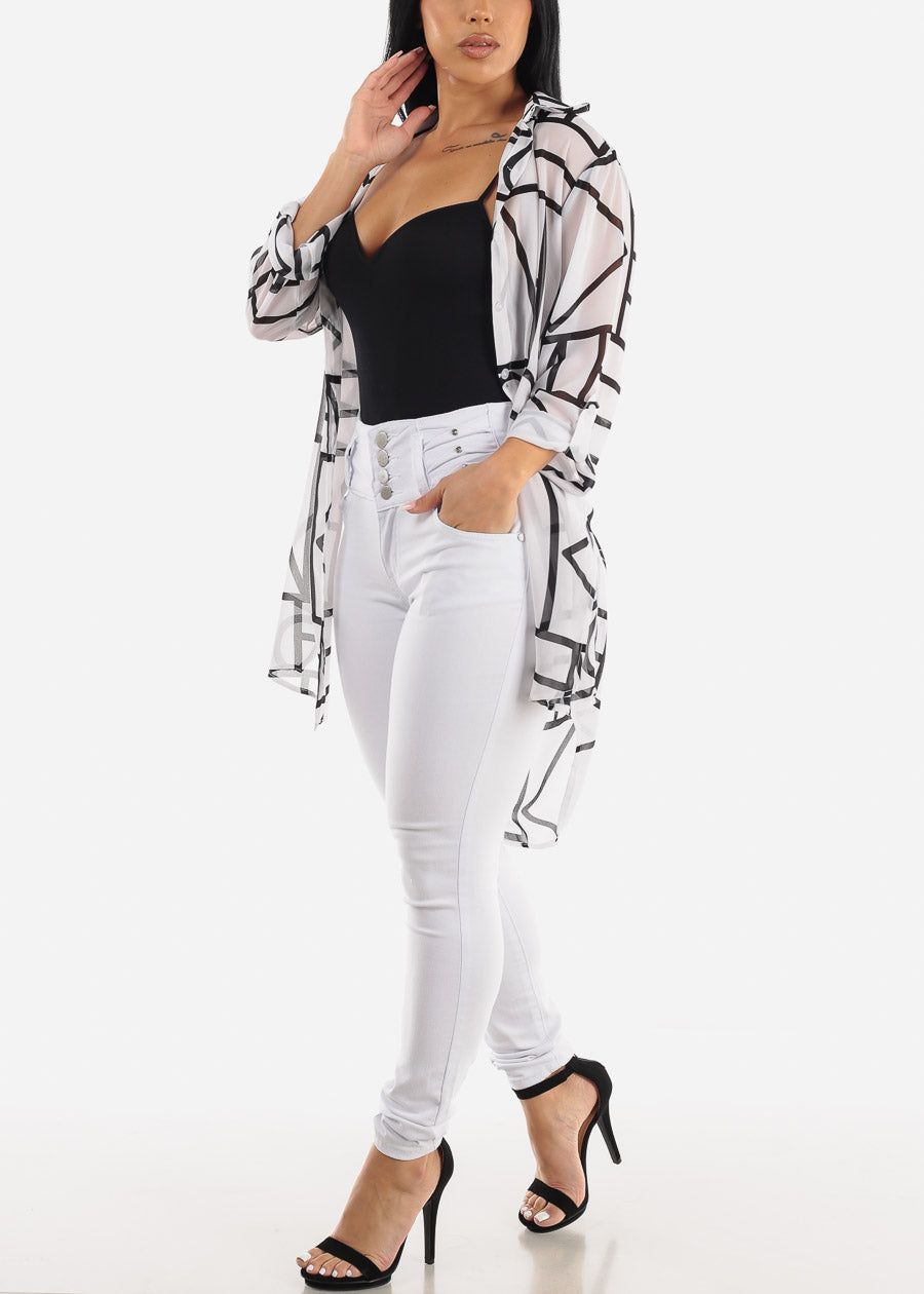 See Through Button Up Printed Tunic Shirt White sold by Moda product image thumbnail 2
