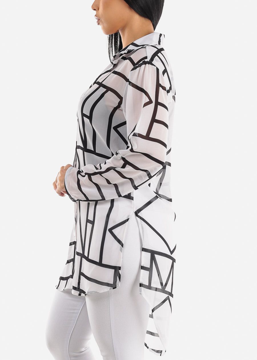 See Through Button Up Printed Tunic Shirt White sold by Moda product image thumbnail 3