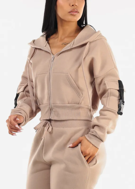 Cropped Zip Up Fleece Hoody Beige made by Moda