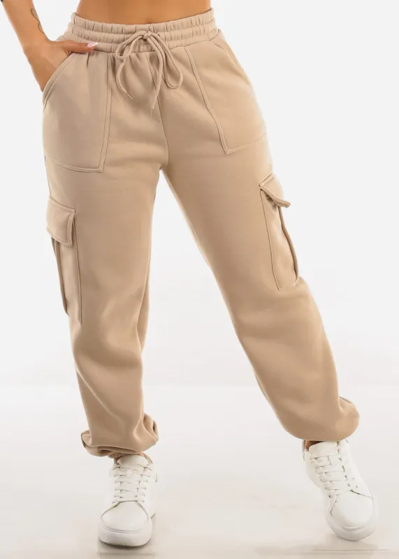 High Waist Cargo Sweatpants Beige sold by Moda