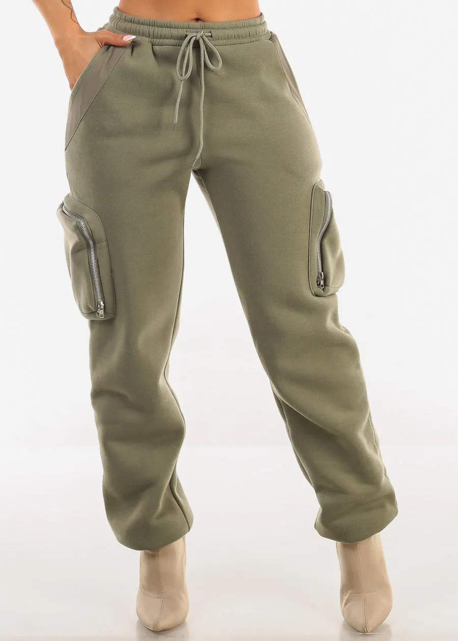 Cargo Jogger Sweatpants w Zipper Pockets Olive sold by Moda