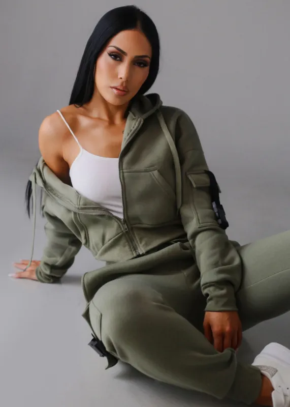 Cropped Zip Up Fleece Hoody Olive sold by Moda