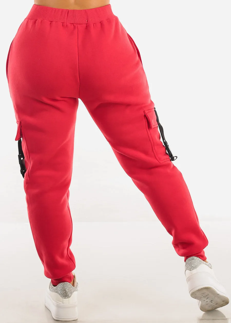 Red High Waist Fleece Joggers w Buckle Pockets sold by Moda product image thumbnail 4