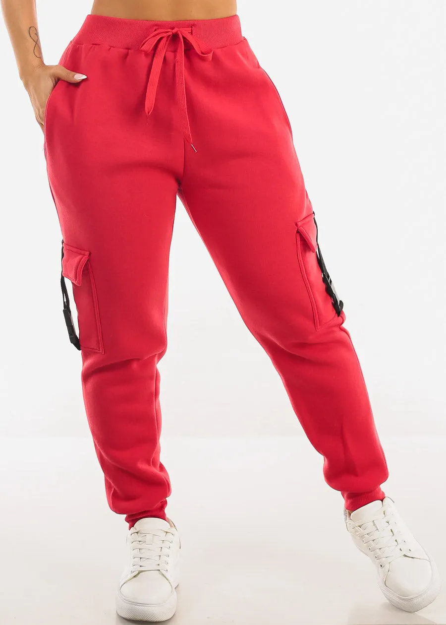Red High Waist Fleece Joggers w Buckle Pockets sold by Moda