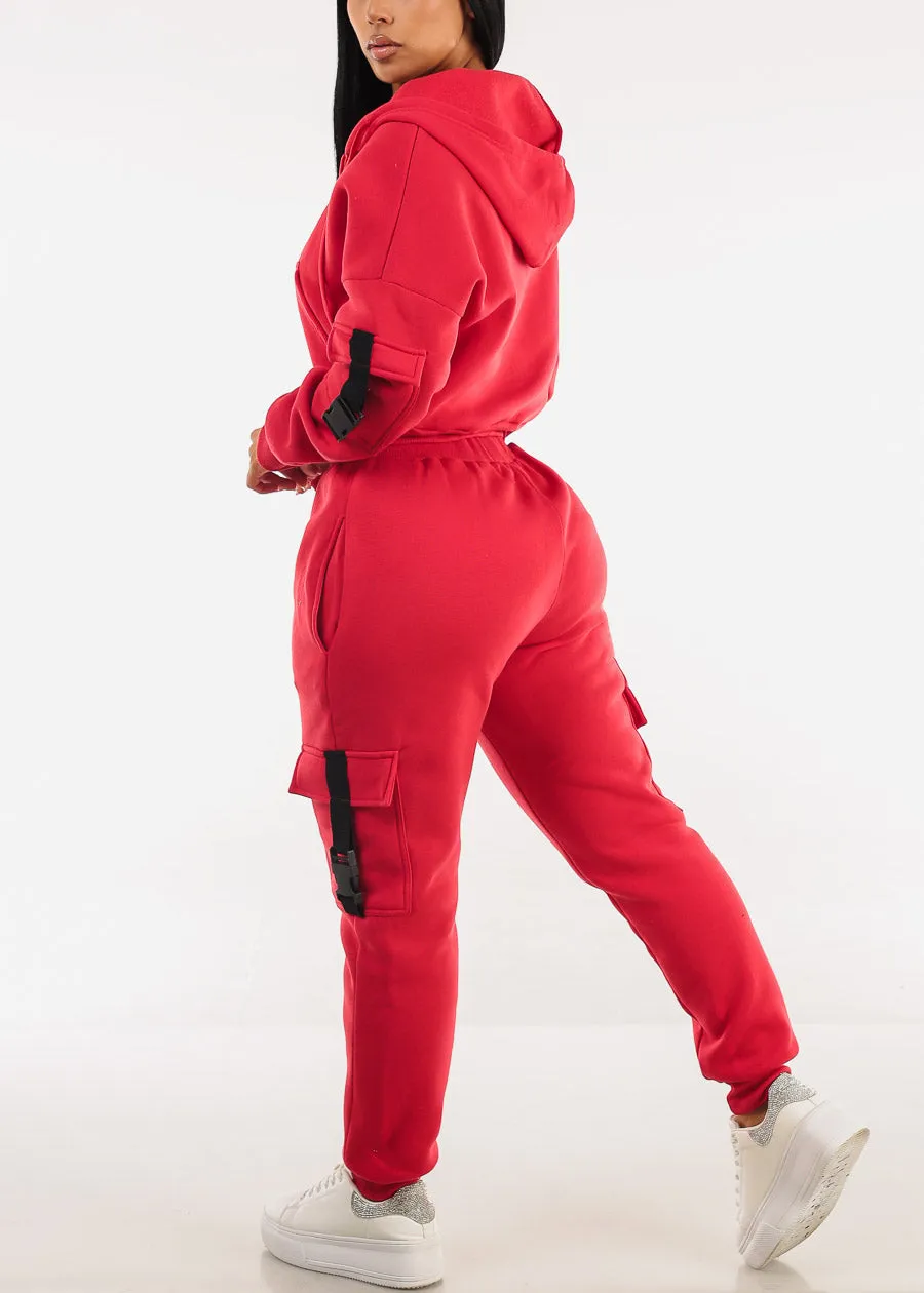 Red High Waist Fleece Joggers w Buckle Pockets sold by Moda product image thumbnail 5