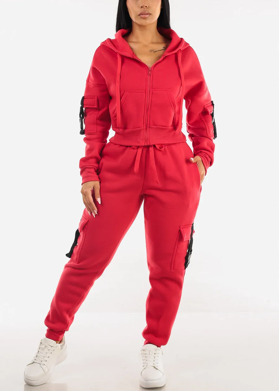 Red High Waist Fleece Joggers w Buckle Pockets sold by Moda product image thumbnail 2