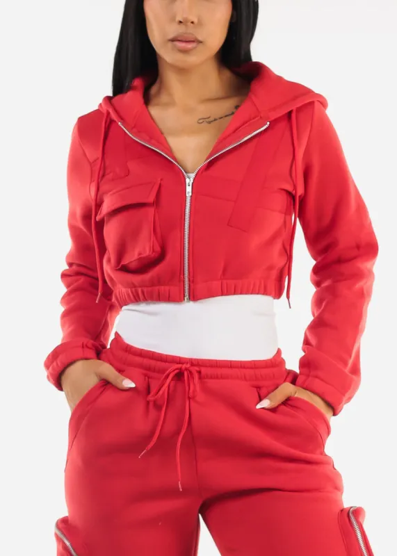 Red Cropped Zip Up Hoody sold by Moda