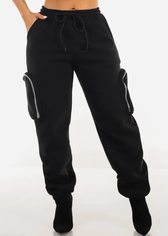 Black Cargo Jogger Sweatpants w Zipper Pockets sold by Moda