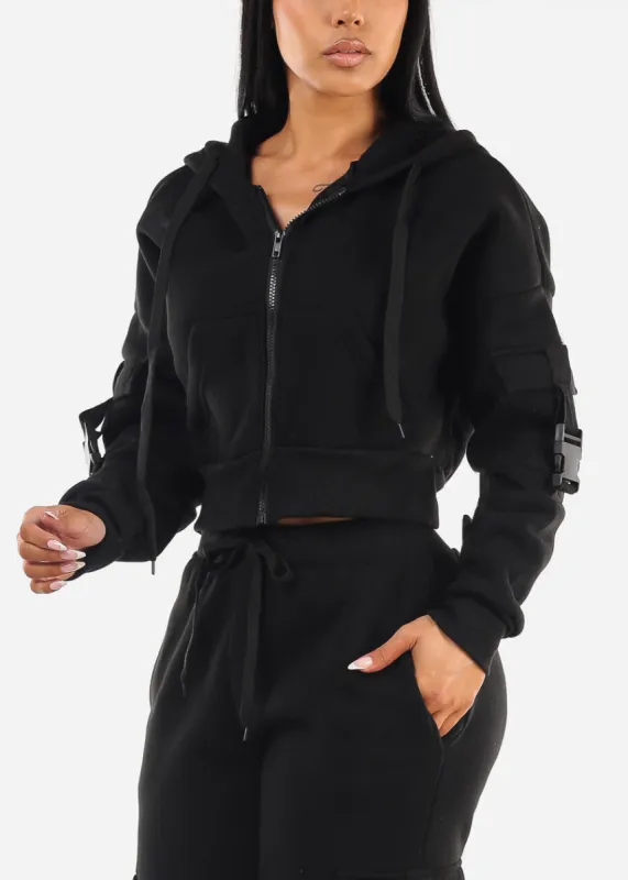 Cropped Zip Up Fleece Hoody Black sold by Moda