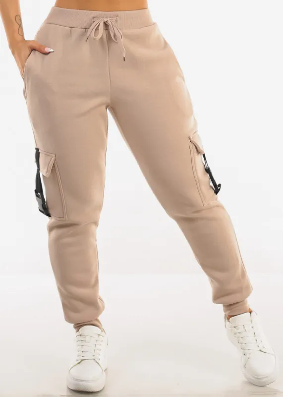High Waist Fleece Joggers w Buckle Pockets Beige sold by Moda