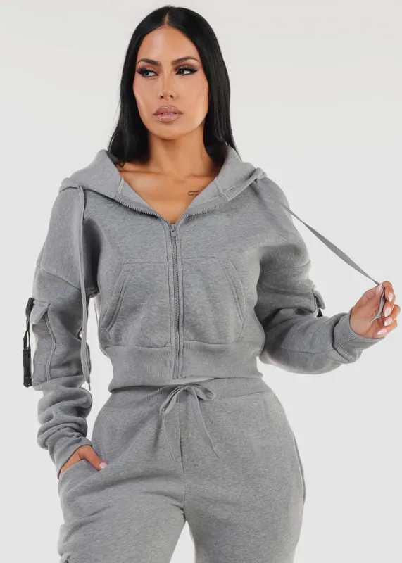 Grey Cropped Zip Up Fleece Hoody sold by Moda