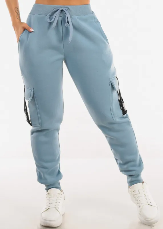 High Waist Fleece Joggers w Buckle Pockets Light Blue sold by Moda
