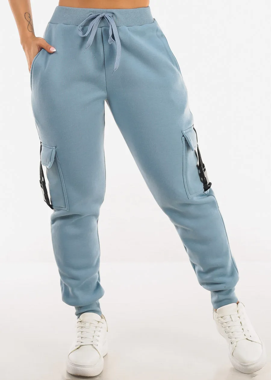 High Waist Fleece Joggers w Buckle Pockets Light Blue sold by Moda