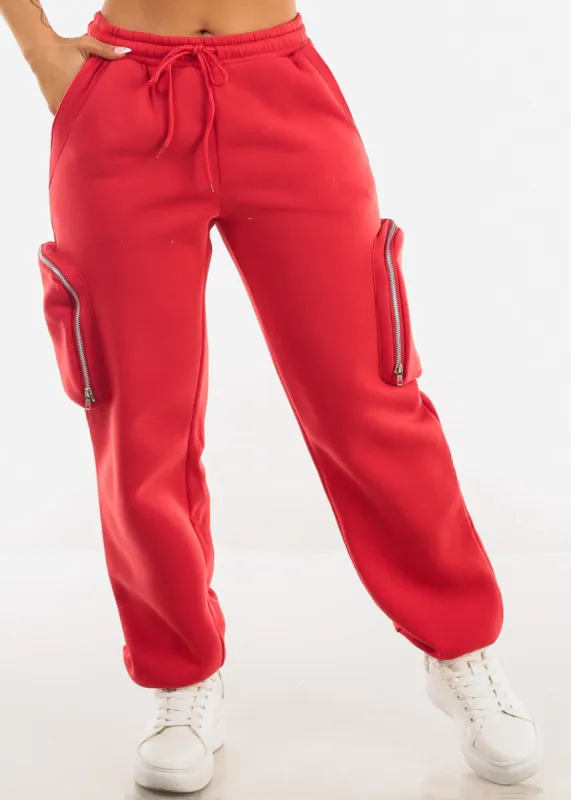 Red Cargo Jogger Sweatpants w Zipper Pockets sold by Moda