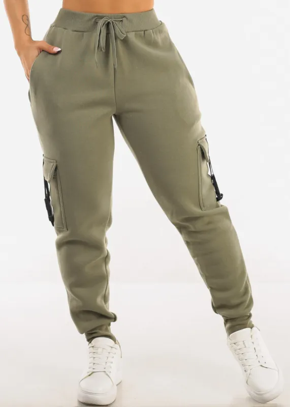 High Waist Fleece Joggers w Buckle Pockets Olive sold by Moda