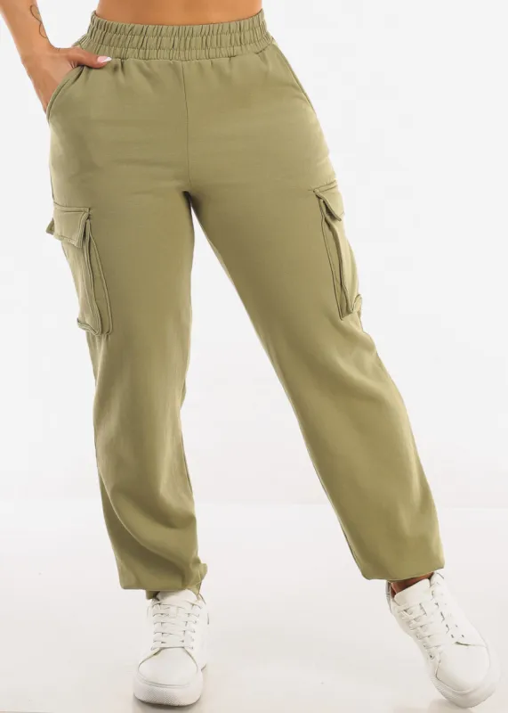 High Waist Fleece Cargo Sweatpants Olive sold by Moda