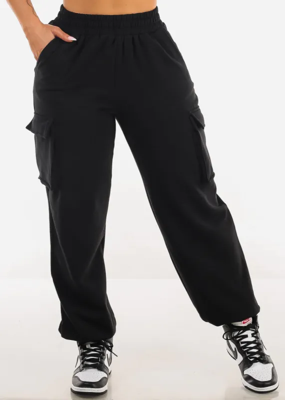 High Waist Black Fleece Cargo Sweatpants sold by Moda