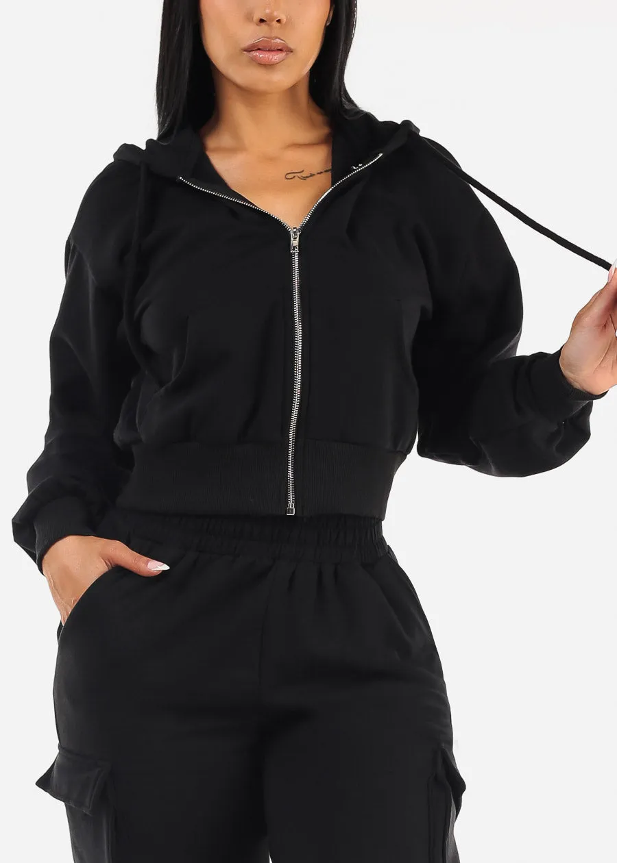 Zip Up Cropped Fleece Hoody Black sold by Moda