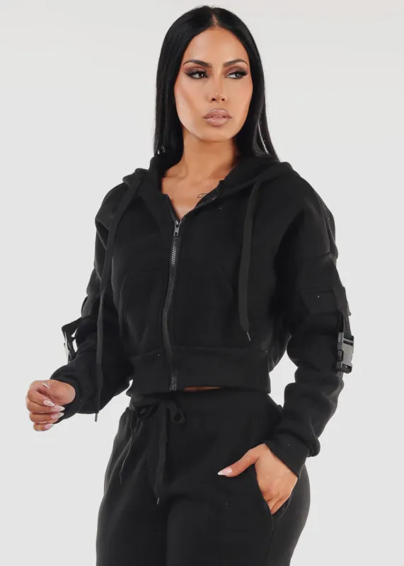 Zip Up Black Hoody w Pockets sold by Moda