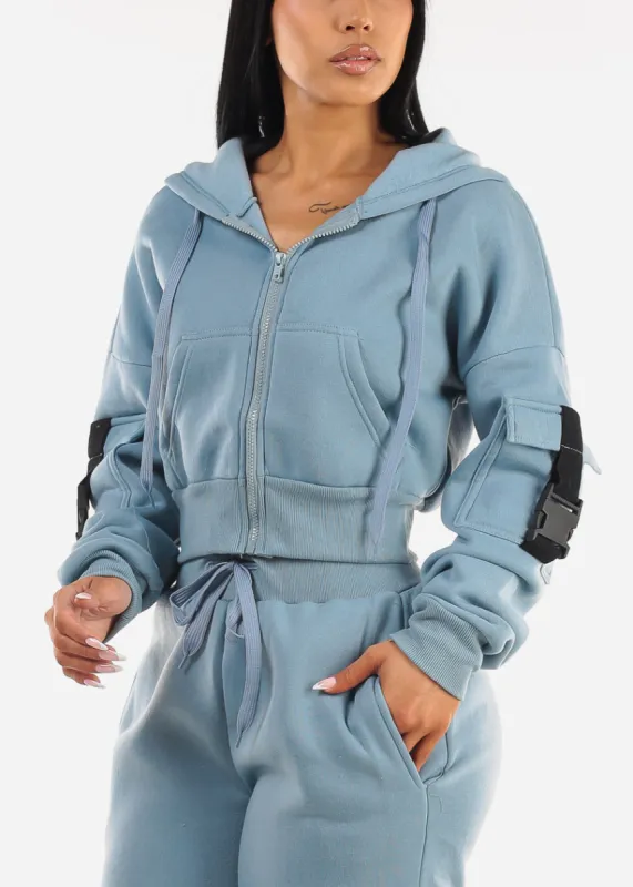 Cropped Zip Up Fleece Hoody Light Blue sold by Moda