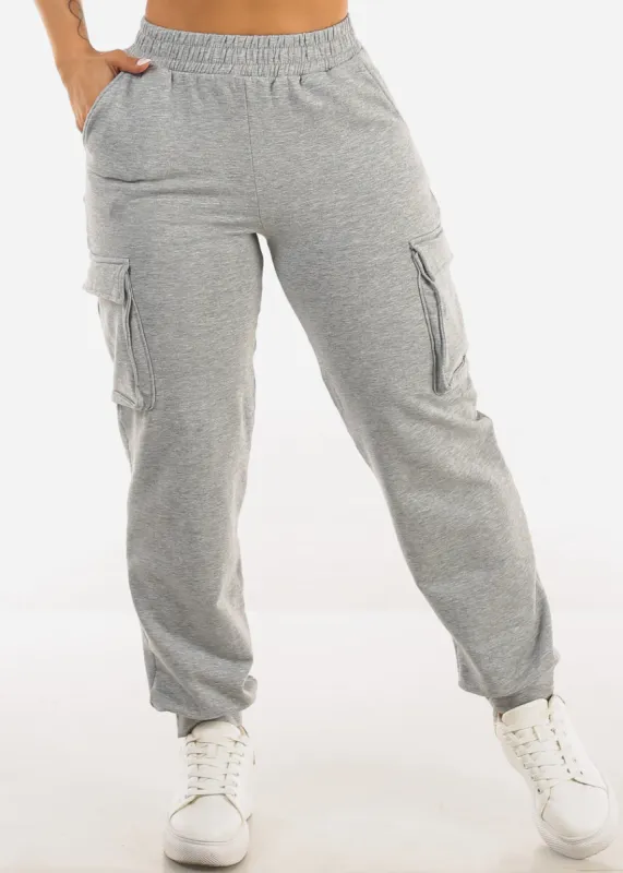 High Waist Fleece Cargo Sweatpants Grey sold by Moda