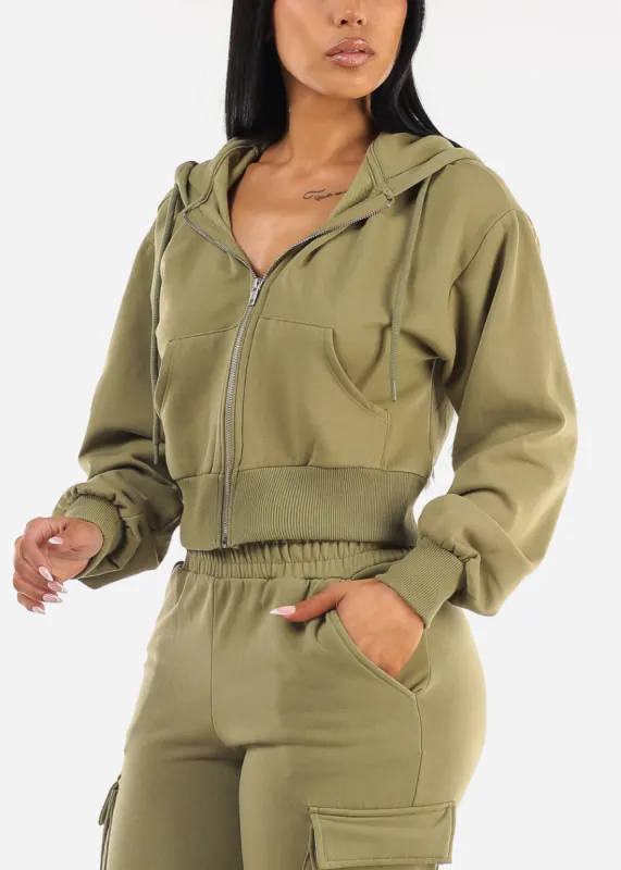 Zip Up Cropped Fleece Hoody Olive sold by Moda
