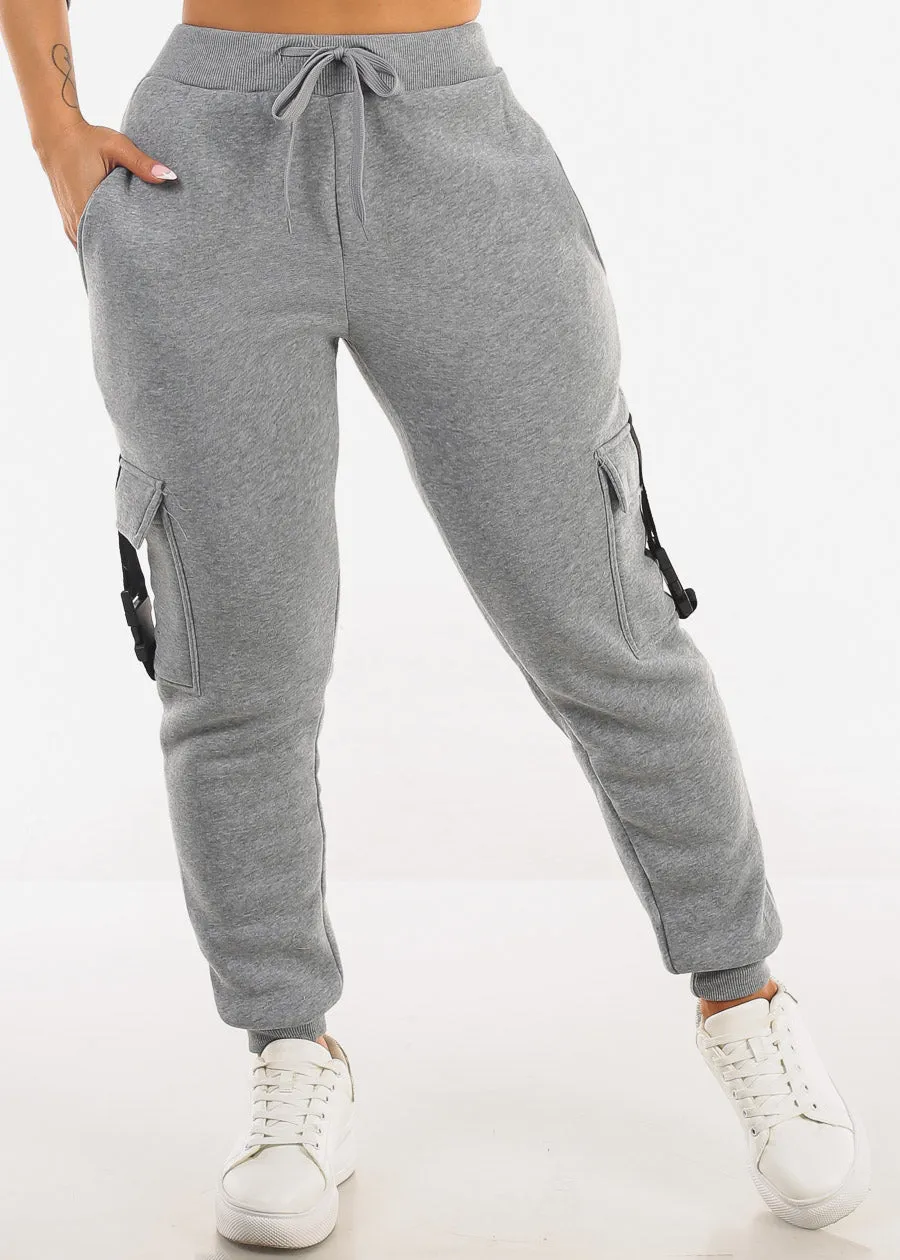 Grey High Waist Fleece Joggers w Buckle Pockets sold by Moda