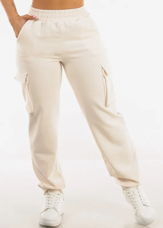 High Waist Fleece Cargo Sweatpants Cream made by iris