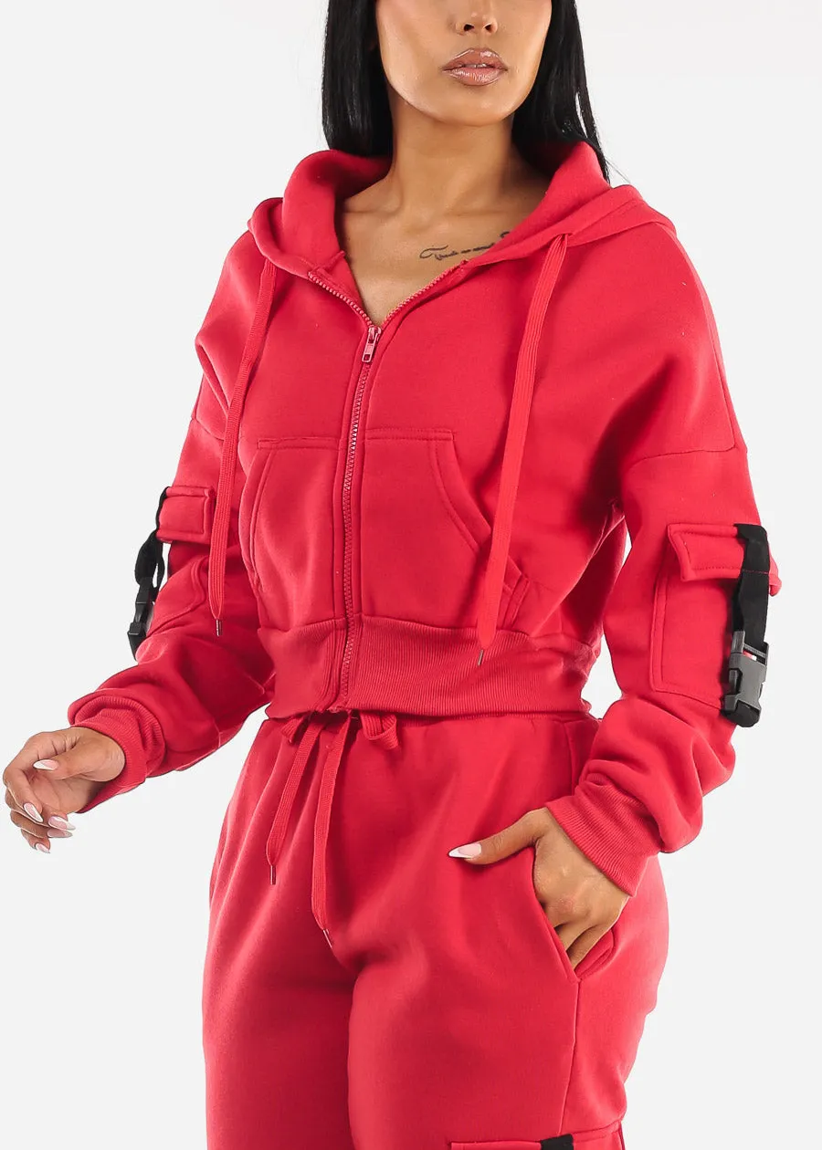Red Cropped Zip Up Fleece Hoody sold by Moda