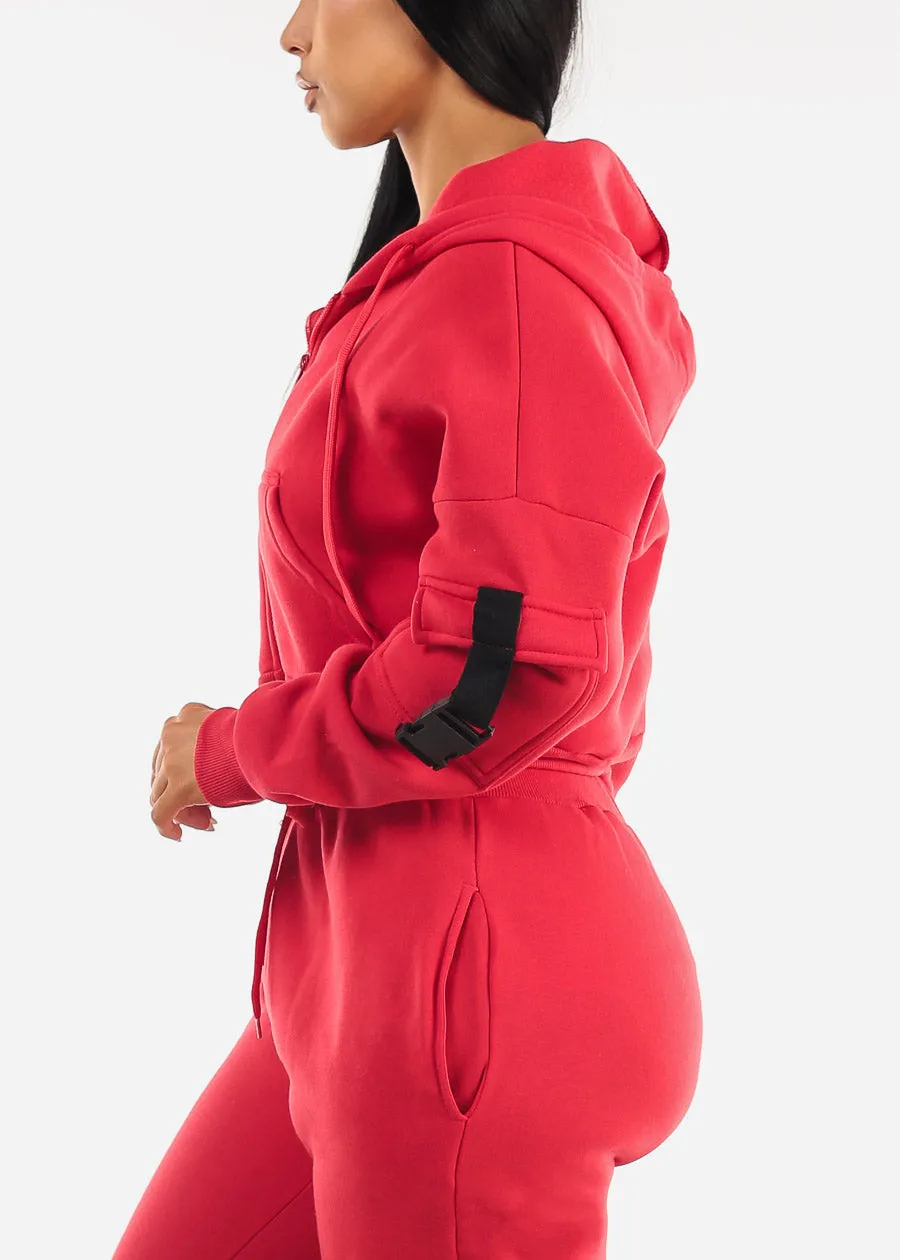 Red Cropped Zip Up Fleece Hoody sold by Moda product image thumbnail 3