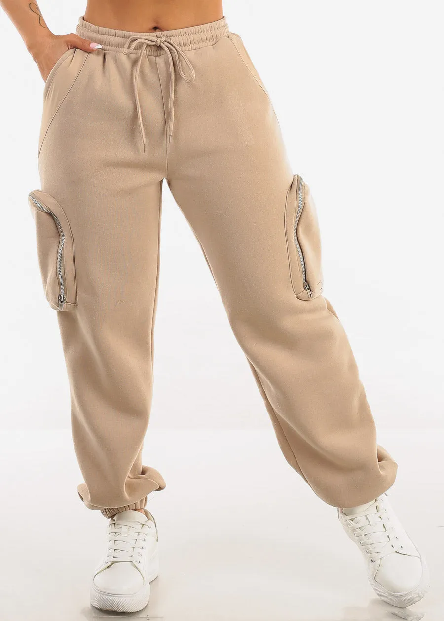 Cargo Jogger Sweatpants w Zipper Pockets Beige sold by Moda