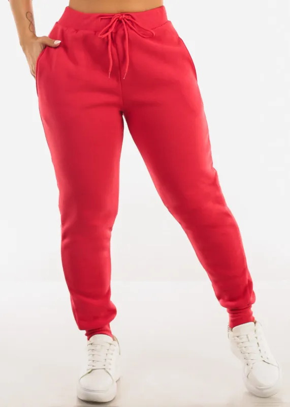 Red Fleece Drawstring Joggers w Pockets sold by Moda