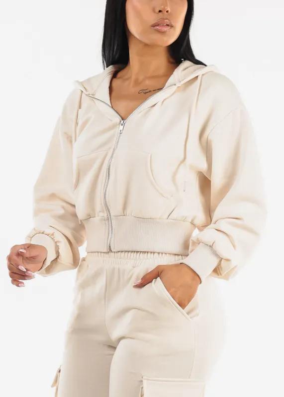 Zip Up Cropped Fleece Hoody Cream sold by Moda