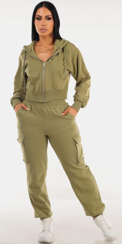 Olive Fleece Cargo Sweatpants Set sold by Moda