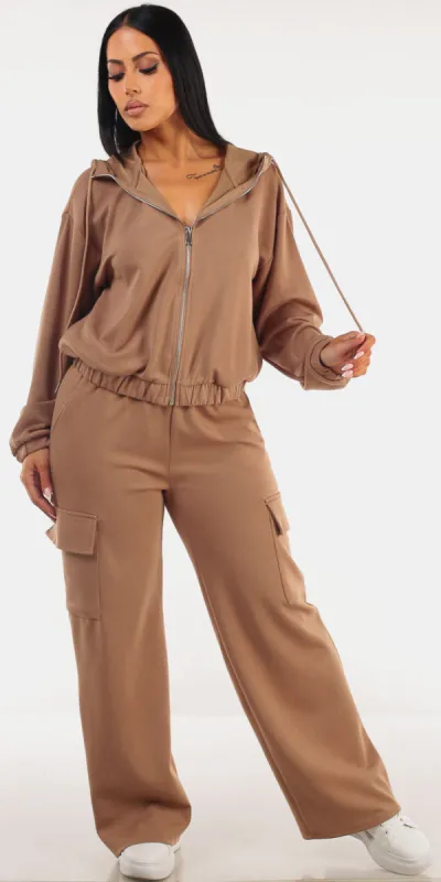 Taupe Hoody Cargo Pants Look sold by Moda