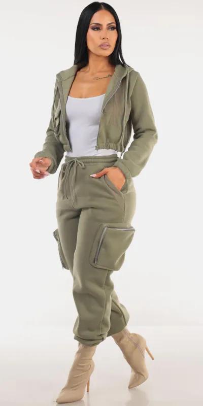 Olive Cargo Fleece Sweatpants Trio sold by Moda