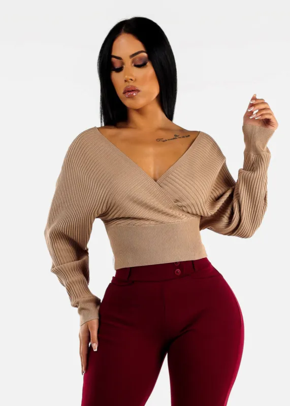 Khaki Overlap Cropped Sweater sold by Moda