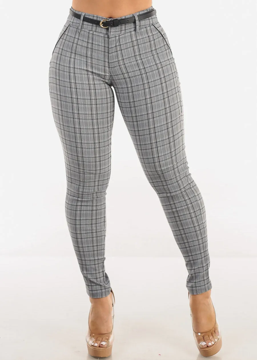 Butt Lift High Waist Plaid Skinny Pants w Belt sold by Moda