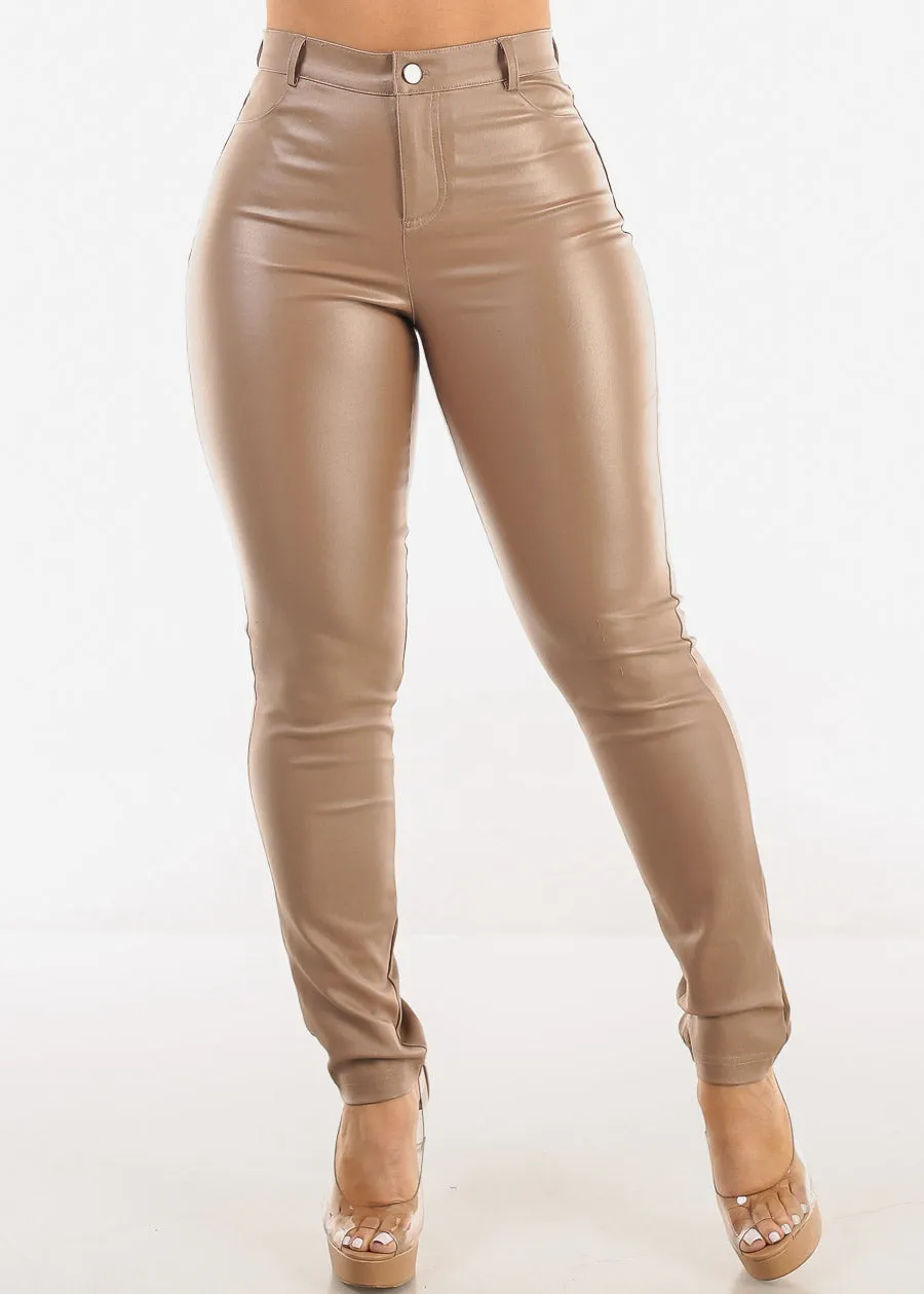 High Waist Coated Faux Leather Khaki Skinny Pants sold by Moda