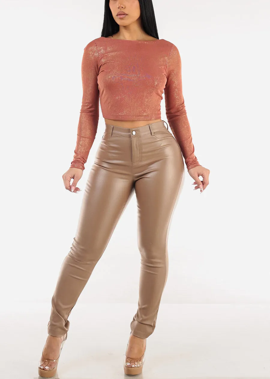 High Waist Coated Faux Leather Khaki Skinny Pants sold by Moda product image thumbnail 2