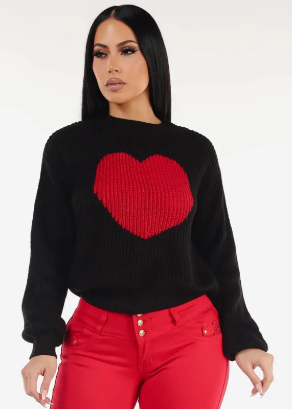 Long Sleeve Crewneck Knitted Sweater Black "Heart" sold by Moda