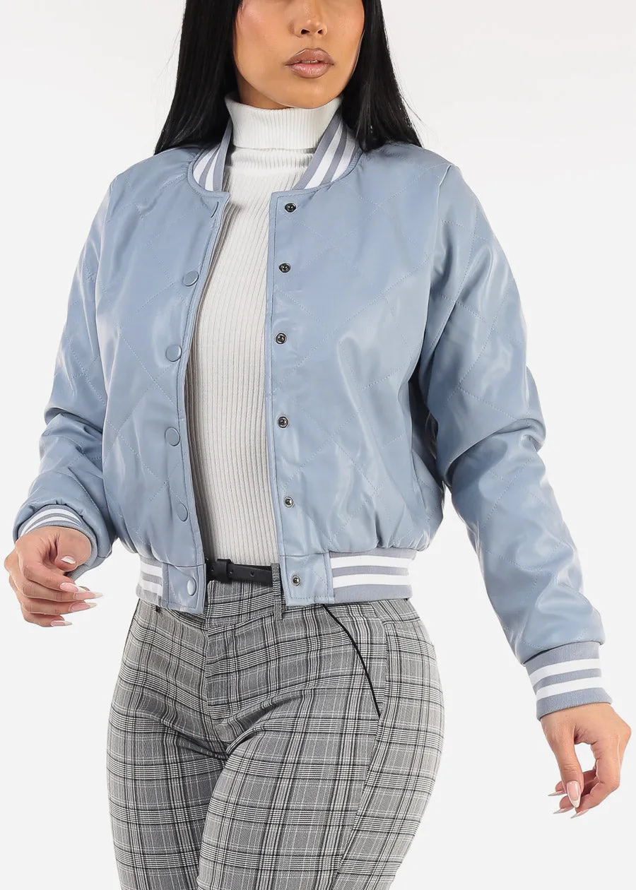 Quilted Vegan Leather Bomber Jacket Light Blue sold by Moda