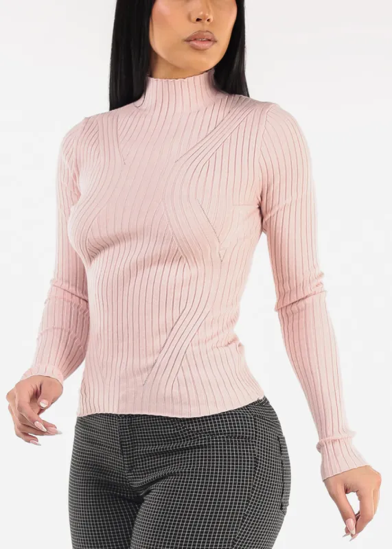 Long Sleeve Mock Neck Fitted Sweater Light Pink sold by Moda