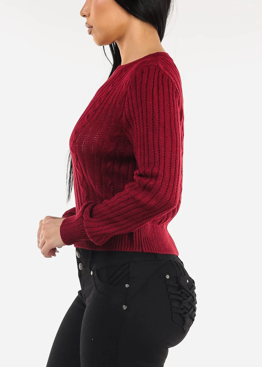 Long Sleeve Crewneck Cable Knit Sweater Burgundy sold by Moda product image thumbnail 3