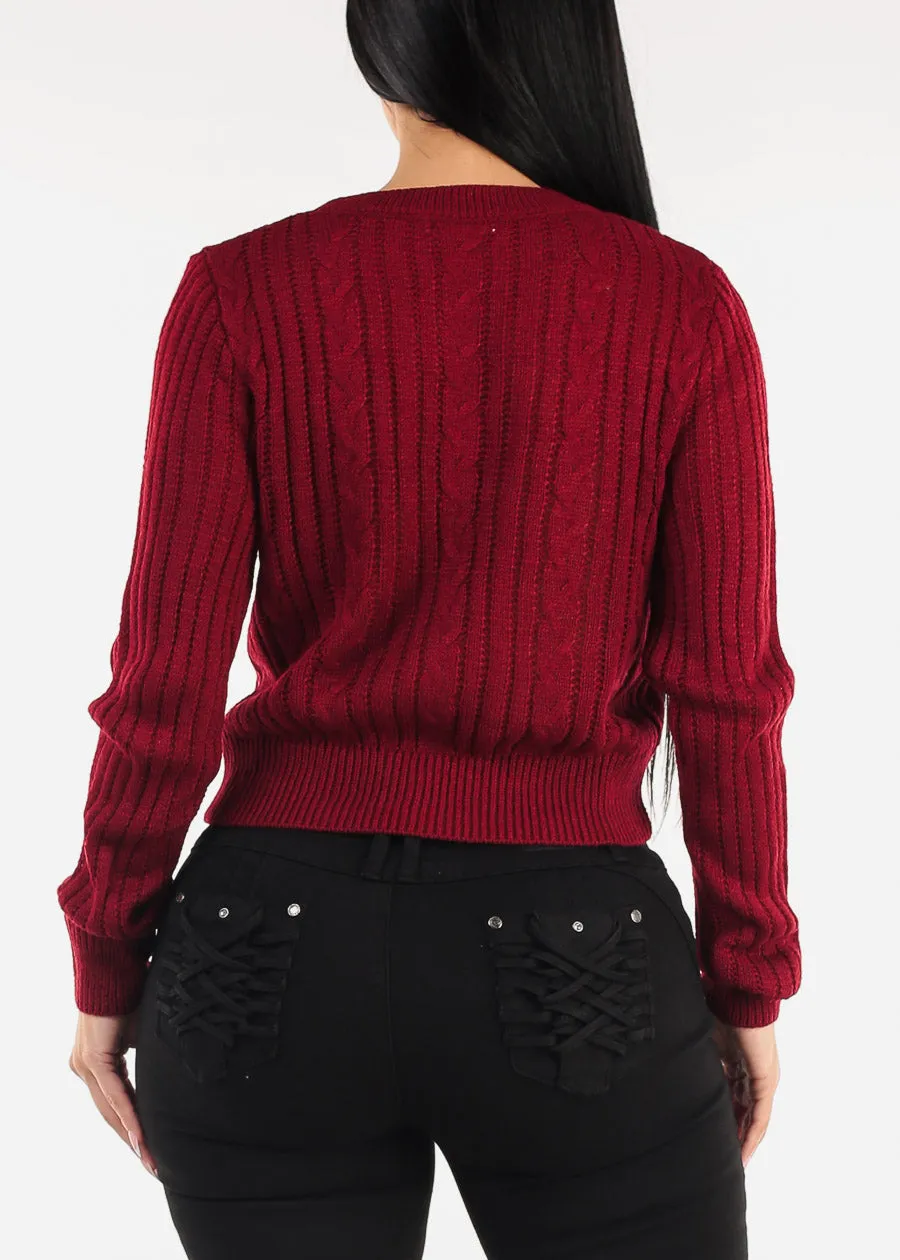 Long Sleeve Crewneck Cable Knit Sweater Burgundy sold by Moda product image thumbnail 4