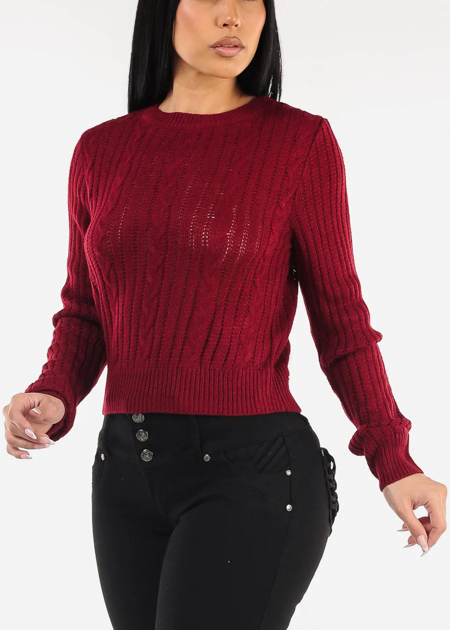 Long Sleeve Crewneck Cable Knit Sweater Burgundy sold by Moda