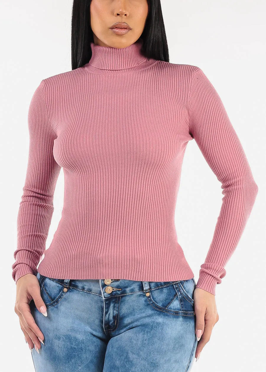 Long Sleeve Turtleneck Ribbed Sweater Pink sold by Moda