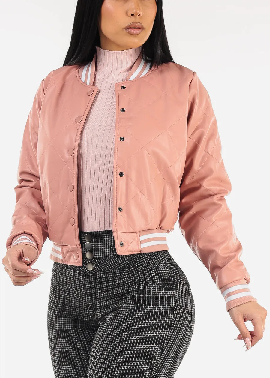 Quilted Vegan Leather Bomber Jacket Pink sold by Moda
