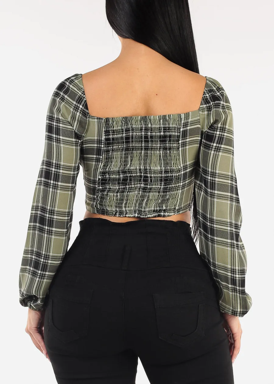 Long Sleeve Plaid Crop Top Olive sold by Moda product image thumbnail 4